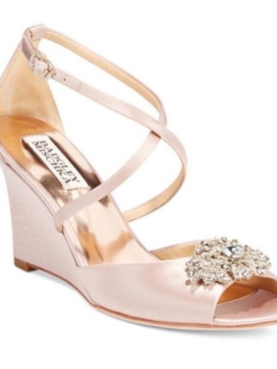 Badgley Mischka Shoes - Badgley Mischka Rose Gold Satin Wedge Sandal with Crystal Accent